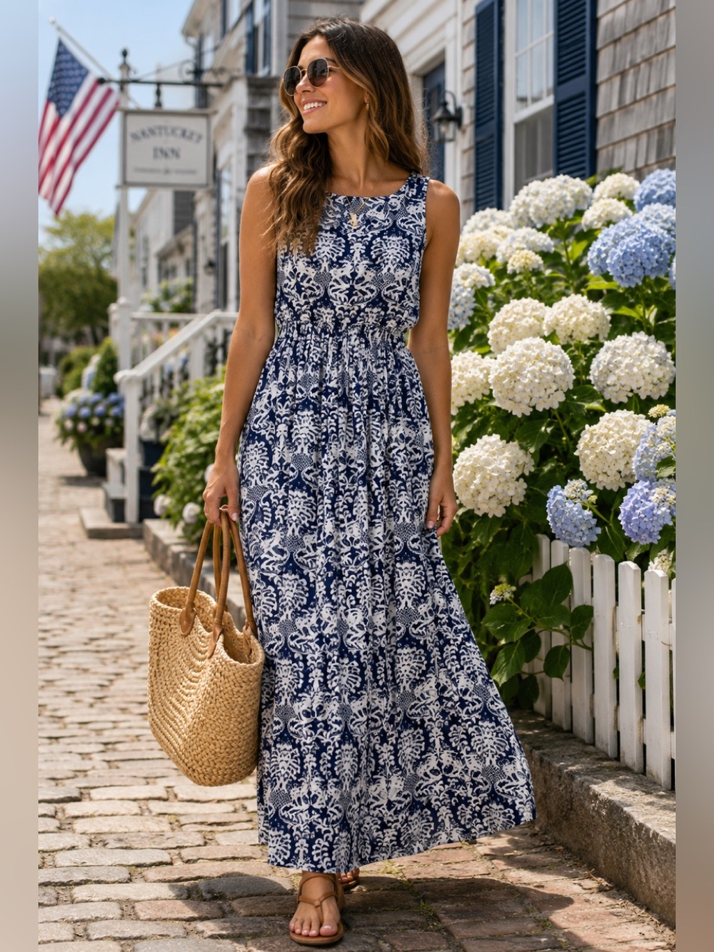 Cherryville Blue White Coastal Maxi Dress Size Small Cotton Sleeveless